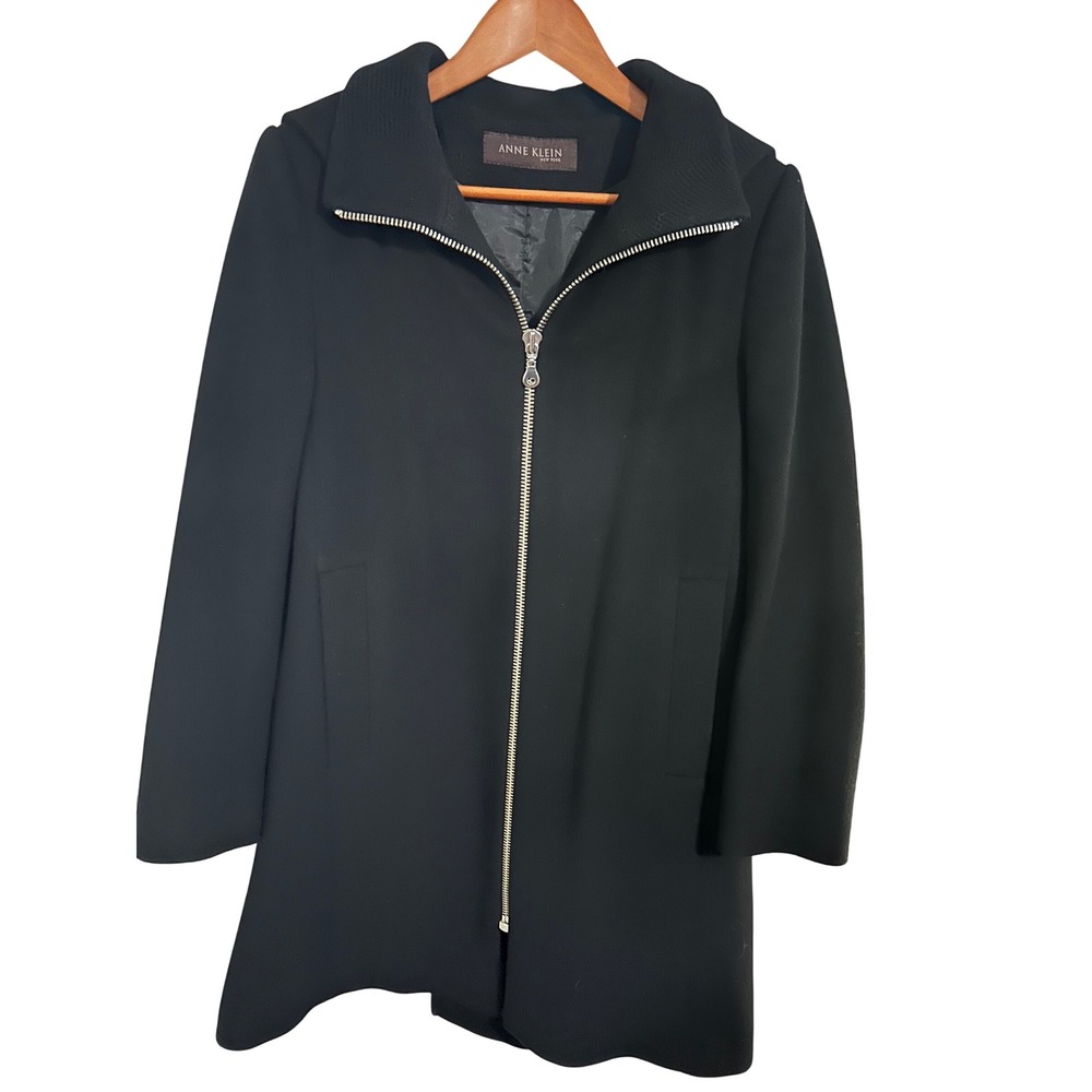 Anne Klein Black Zip Up Coat with Split Zippered Hood Sample Tag Inside Size 8